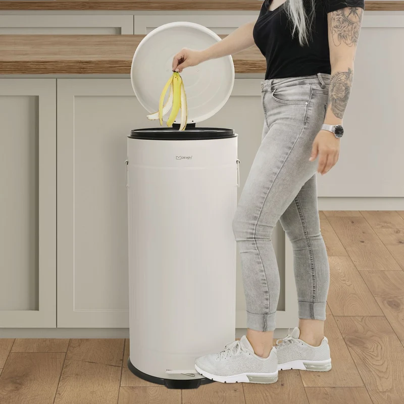 ML-DESIGN | Mülleimer 30L mit Fußpedal & Softclose-Deckel aus Stahl Beige Abfalleimer für Küche Tretmülleimer mit Inneneimer Retro Küchenmülleimer