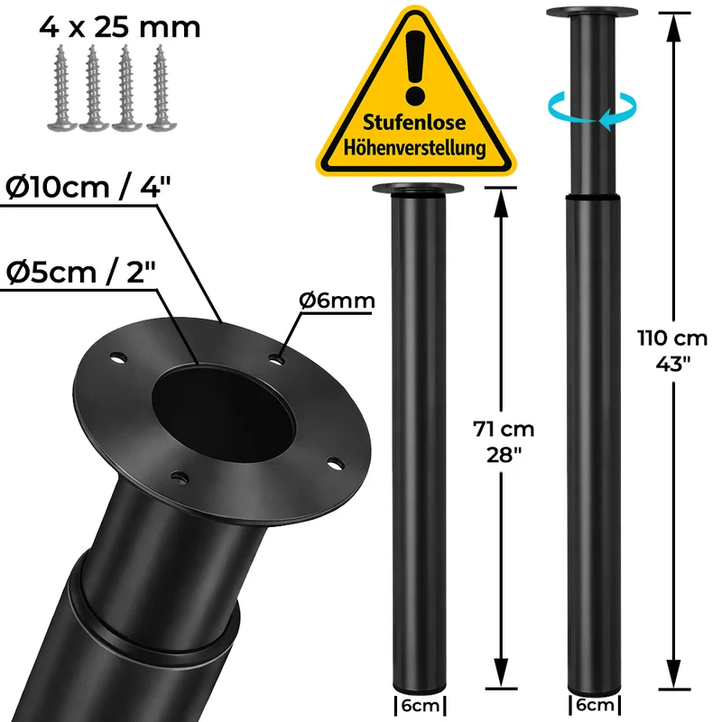 Möbelfuß höhenverstellbar 70-110cm Schwarz-matt Ø60mm Tischbein stufenlos verstellbar