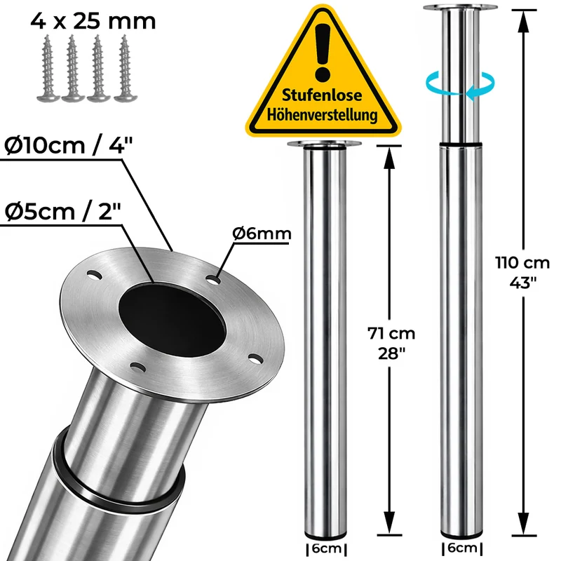 Möbelfuß höhenverstellbar 70-110cm Edelstahl Optik Ø60mm Tischbein stufenlos verstellbar