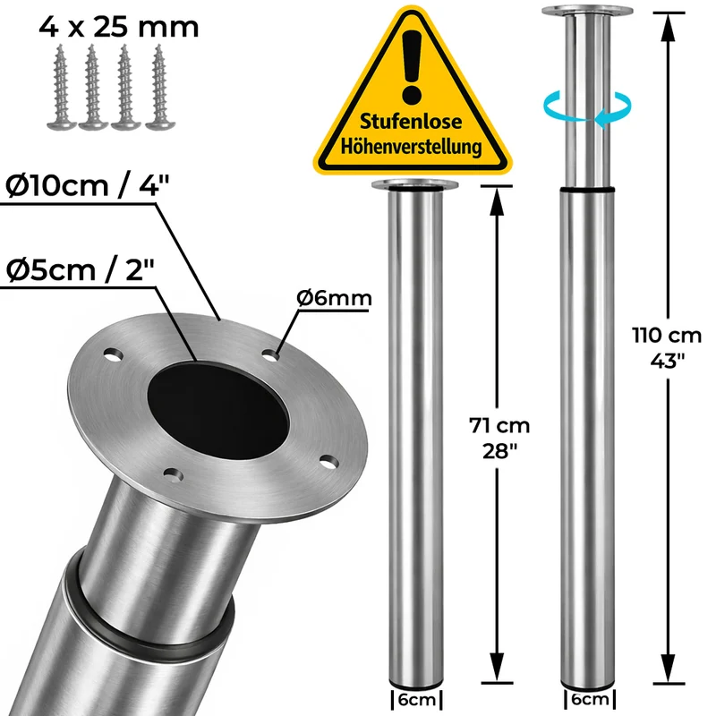 Möbelfuß höhenverstellbar 70–110cm Edelstahl Ø60mm Tischbein stufenlos verstellbar