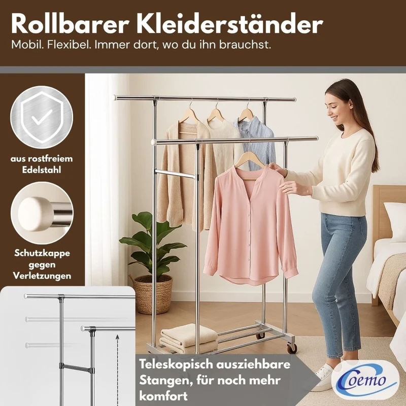 Coemo Rollbarer Kleiderständer – 160 x 42 x 162 cm, mit 2 ausziehbaren Stangen, 4 Rollen