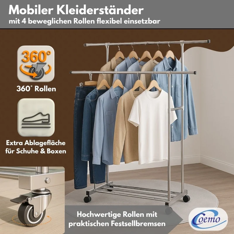 Coemo Rollbarer Kleiderständer – 160 x 42 x 162 cm, mit 2 ausziehbaren Stangen, 4 Rollen