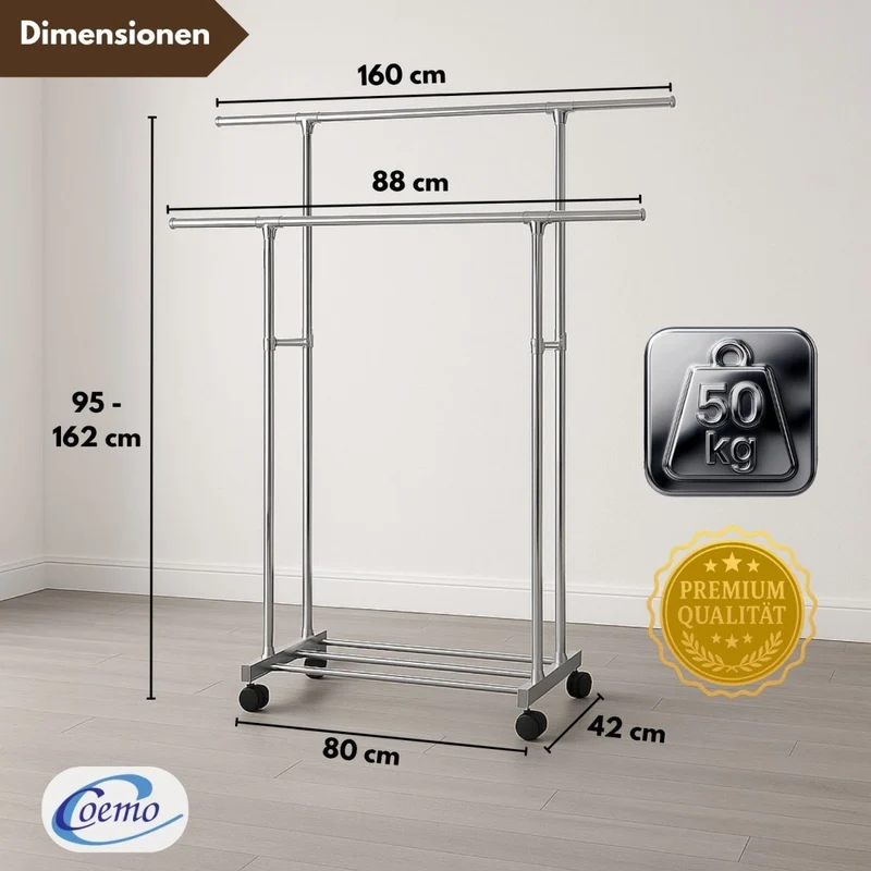 Coemo Rollbarer Kleiderständer – 160 x 42 x 162 cm, mit 2 ausziehbaren Stangen, 4 Rollen