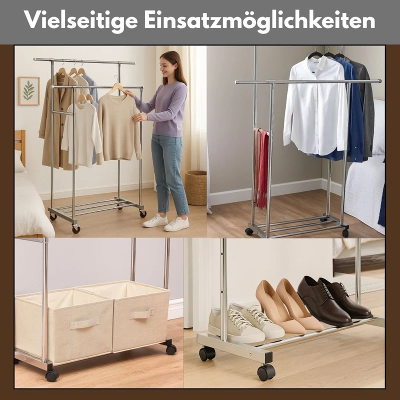Coemo Rollbarer Kleiderständer – 160 x 42 x 162 cm, mit 2 ausziehbaren Stangen, 4 Rollen