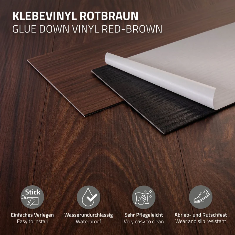 Deluxe PVC Klebevinylboden für 2,23 m² Rot-Braun Nuss 2 mm dick ML-Design