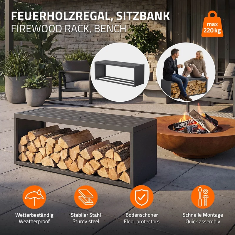 ML-DESIGN | Kaminholzregal Innen/Aussen mit Sitzbank 120x38x43 cm Stahl verzinkt Anthrazit Brennholzregal Metall Holzlager Feuerholzregal wetterfest