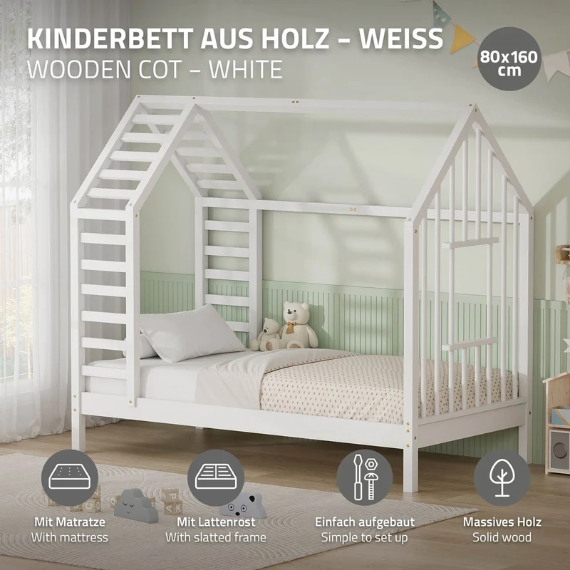 ML-DESIGN | Kinderbett mit Matratze und Lattenrost & Dach aus massivem Kiefernholz 80x160 cm Weiß Hausbett Montessori Bettgestell für Mädchen Jungen