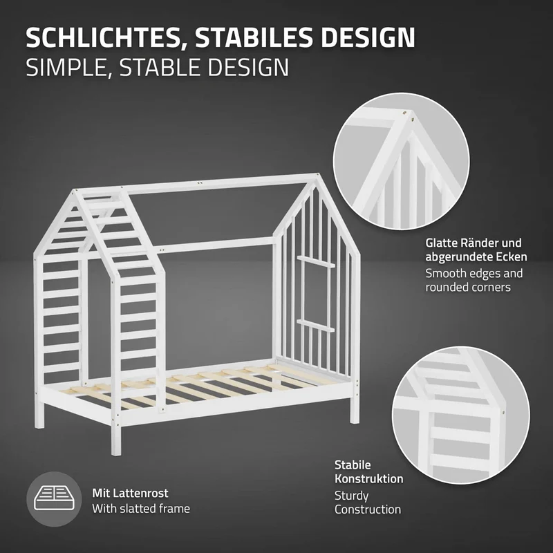 ML-DESIGN | Kinderbett mit Matratze und Lattenrost & Dach aus massivem Kiefernholz 80x160 cm Weiß Hausbett Montessori Bettgestell für Mädchen Jungen