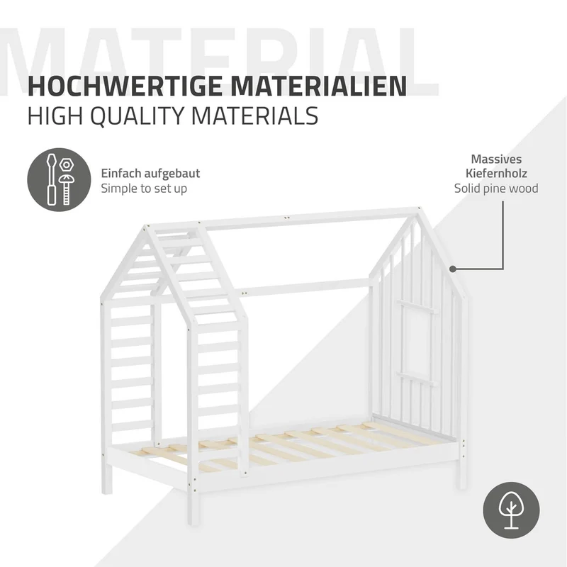 ML-DESIGN | Kinderbett mit Matratze und Lattenrost & Dach aus massivem Kiefernholz 80x160 cm Weiß Hausbett Montessori Bettgestell für Mädchen Jungen