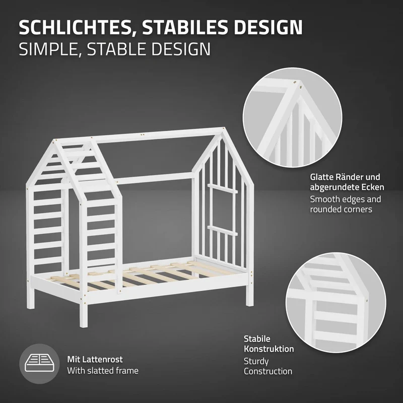 ML-DESIGN | Kinderbett mit Matratze und Lattenrost & Dach aus massivem Kiefernholz 70x140 cm Weiß Hausbett Montessori Bettgestell für Mädchen Jungen