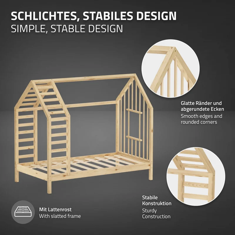 ML-DESIGN | Kinderbett mit Matratze und Lattenrost & Dach aus massivem Kiefernholz 80x160 cm Natur Hausbett Montessori Bettgestell für Mädchen Jungen