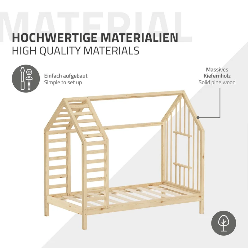 ML-DESIGN | Kinderbett mit Matratze und Lattenrost & Dach aus massivem Kiefernholz 80x160 cm Natur Hausbett Montessori Bettgestell für Mädchen Jungen