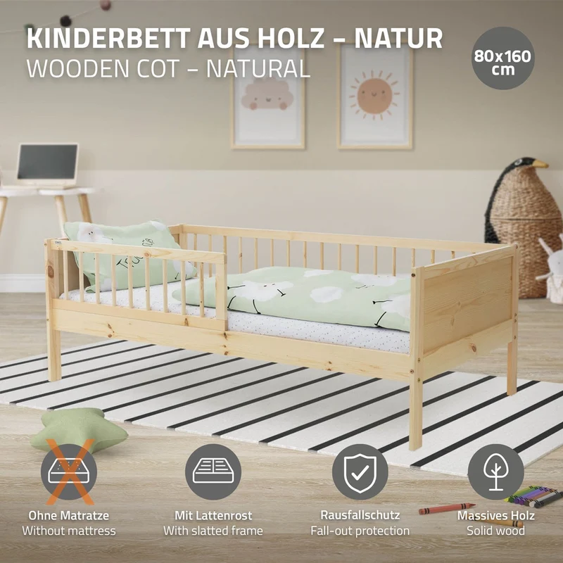 B-Ware Kinderbett 80x160 cm mit Lattenrost und Rausfallschutz Natur Kiefernholz ML-Design