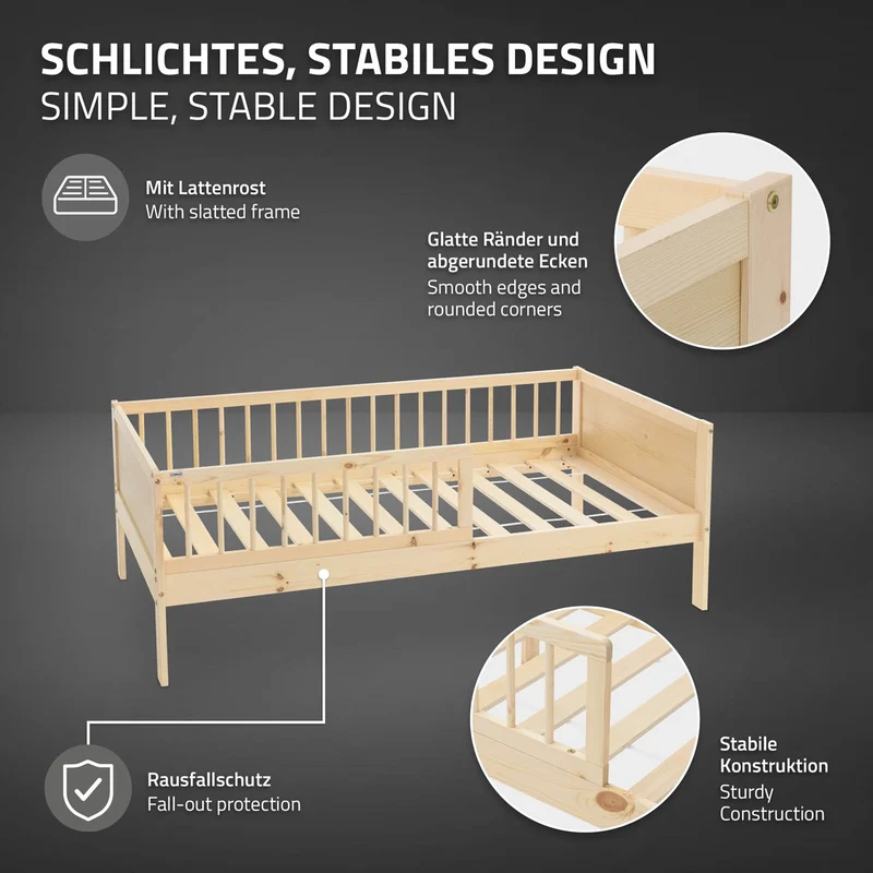 B-Ware Kinderbett 80x160 cm mit Lattenrost und Rausfallschutz Natur Kiefernholz ML-Design