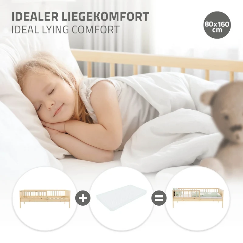 B-Ware Kinderbett 80x160 cm mit Lattenrost und Rausfallschutz Natur Kiefernholz ML-Design