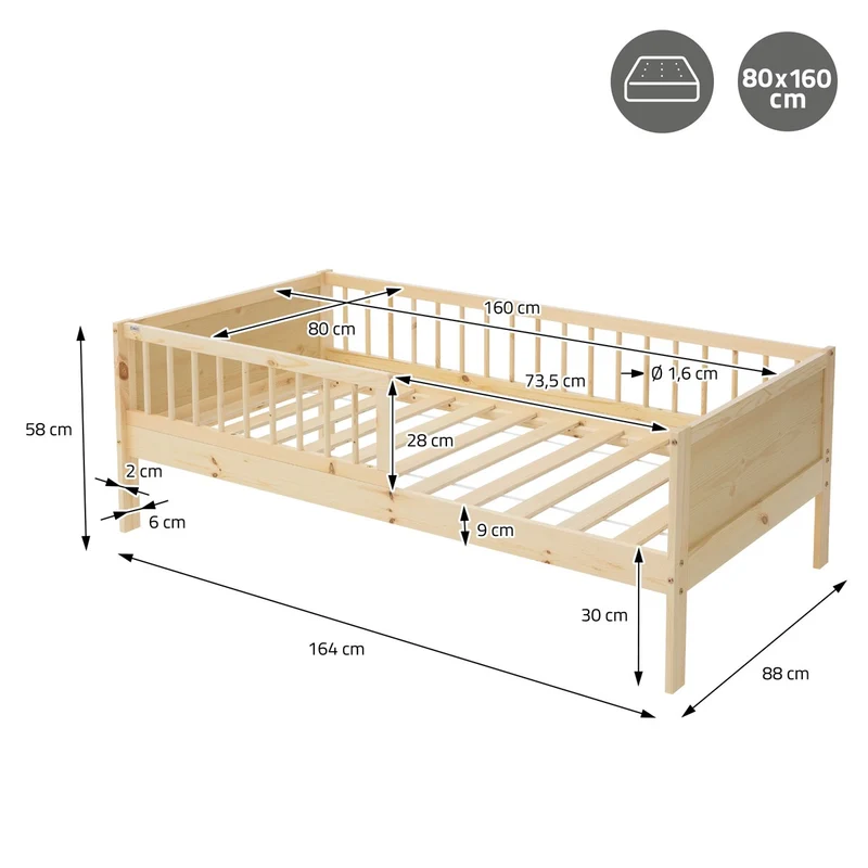 B-Ware Kinderbett 80x160 cm mit Lattenrost und Rausfallschutz Natur Kiefernholz ML-Design