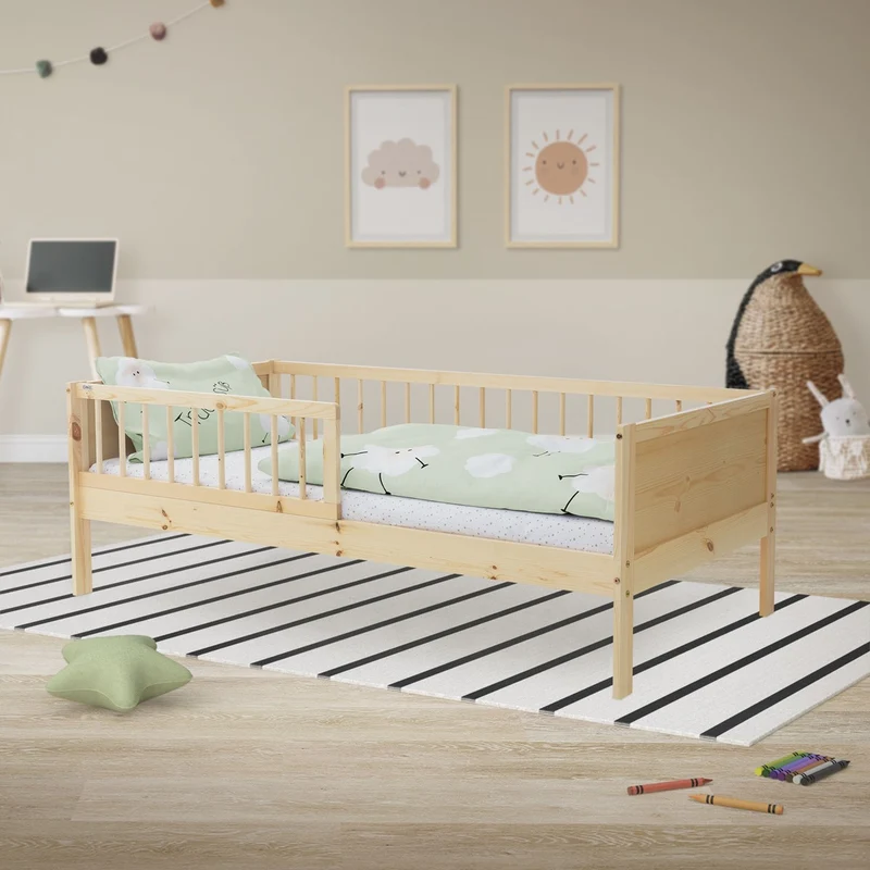 B-Ware Kinderbett 80x160 cm mit Lattenrost und Rausfallschutz Natur Kiefernholz ML-Design