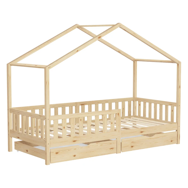 Kinderbett Hausbett mit 2 Schubkasten 90x200 cm Natur aus Kiefernholz mit Rausfallschutz und Lattenrost ML-Design