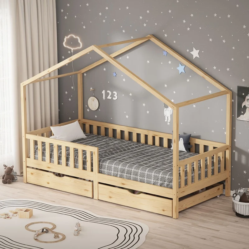 Kinderbett Hausbett mit 2 Schubkasten 90x200 cm Natur aus Kiefernholz mit Rausfallschutz und Lattenrost ML-Design