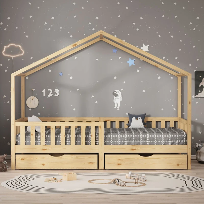 Kinderbett Hausbett mit 2 Schubkasten 90x200 cm Natur aus Kiefernholz mit Rausfallschutz und Lattenrost ML-Design