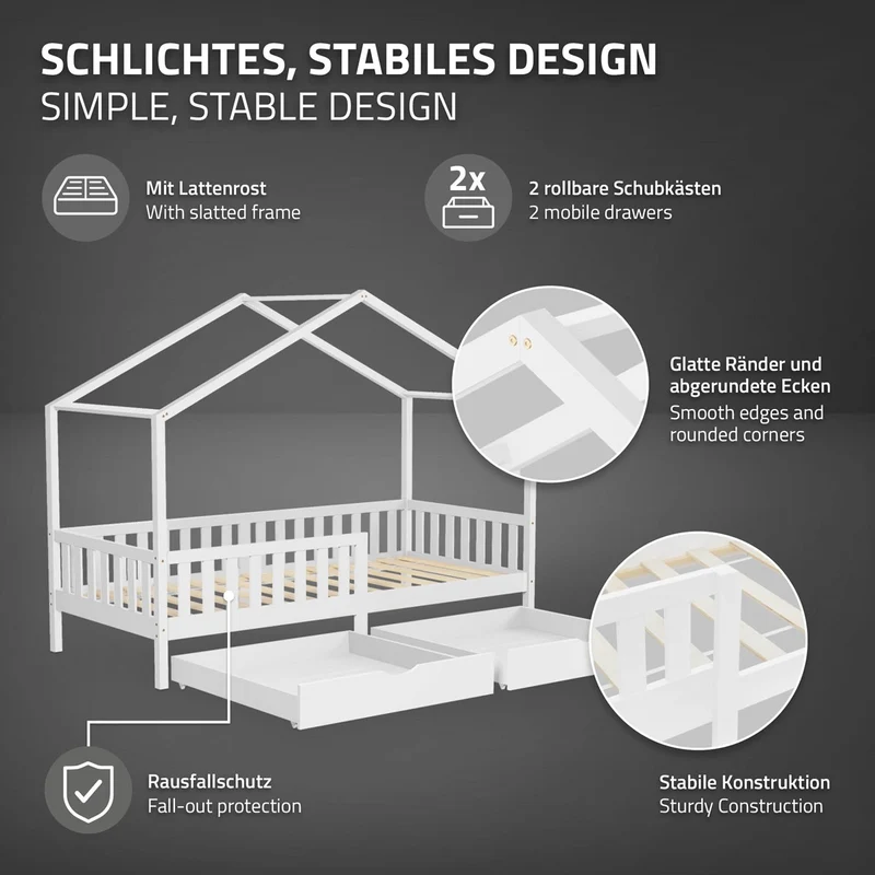 Kinderbett Hausbett 90x200 cm Weiß aus Kiefernholz mit Matratze H:10cm, 2 Schubkasten, Rausfallschutz & Lattenrost ML-Design