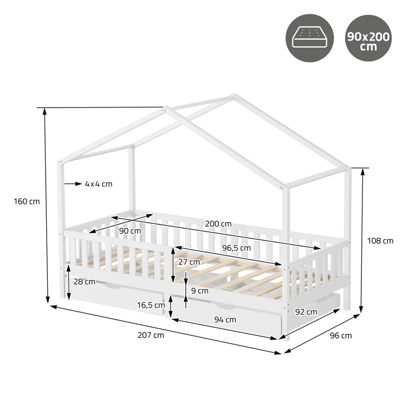 Kinderbett Hausbett 90x200 cm Weiß aus Kiefernholz mit Matratze H:10cm, 2 Schubkasten, Rausfallschutz & Lattenrost ML-Design