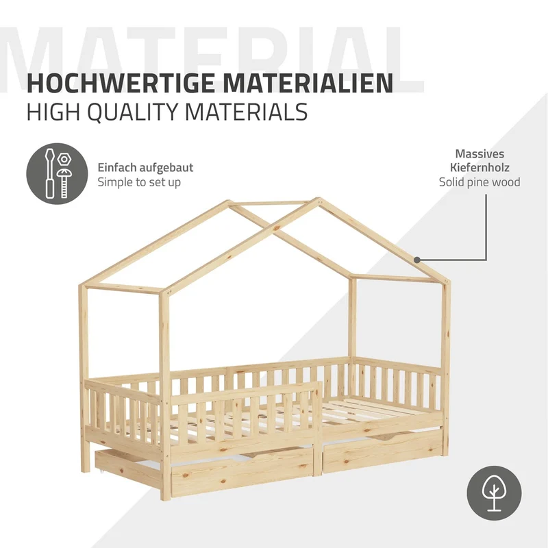 Kinderbett Hausbett 90x200 cm Natur aus Kiefernholz mit Matratze H:10cm, 2 Schubkasten, Rausfallschutz & Lattenrost ML-Design