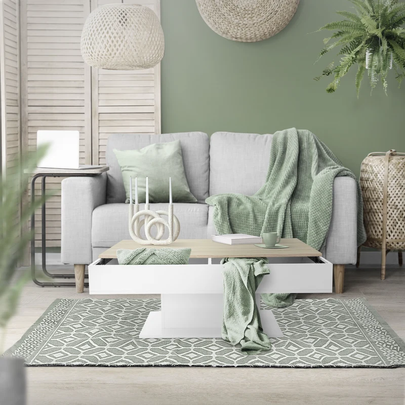 B-Ware Couchtisch 110x60x40 cm Weiß/Eiche-Optik inkl. 2 Staufächern unter Schiebeplatte ML-Design