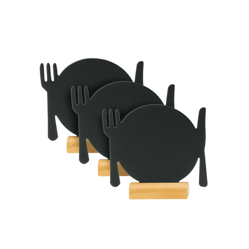 Securit®, Tischkreidetafel Aufsteller Mini "Teller und Besteck", Silhouette mit Holzfuss, 3er-Set, 11x10cm