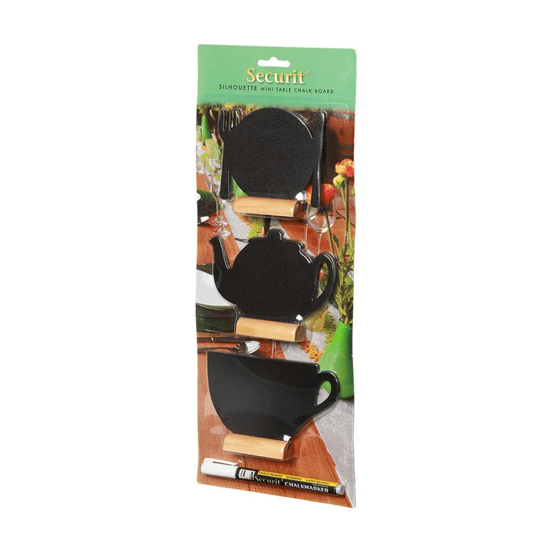 Securit®, Tischkreidetafel Aufsteller Mini "Mix", Silhouetten mit Holzfuss, 3er-Set, 14x10cm