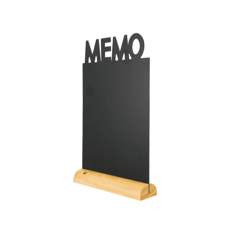 Tischkreidetafel „MEMO“ Aufsteller 21×35 cm mit Holzfuss