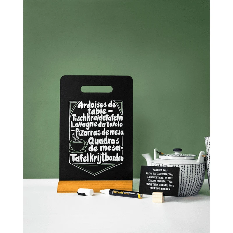 Tischkreidetafel "Rechteck mit Griff" Aufsteller 21×34 cm mit Holzfuss