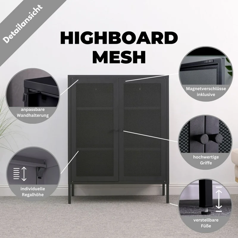 Mein-Regal Highboard Mesh aus Metall mit Meshtüren