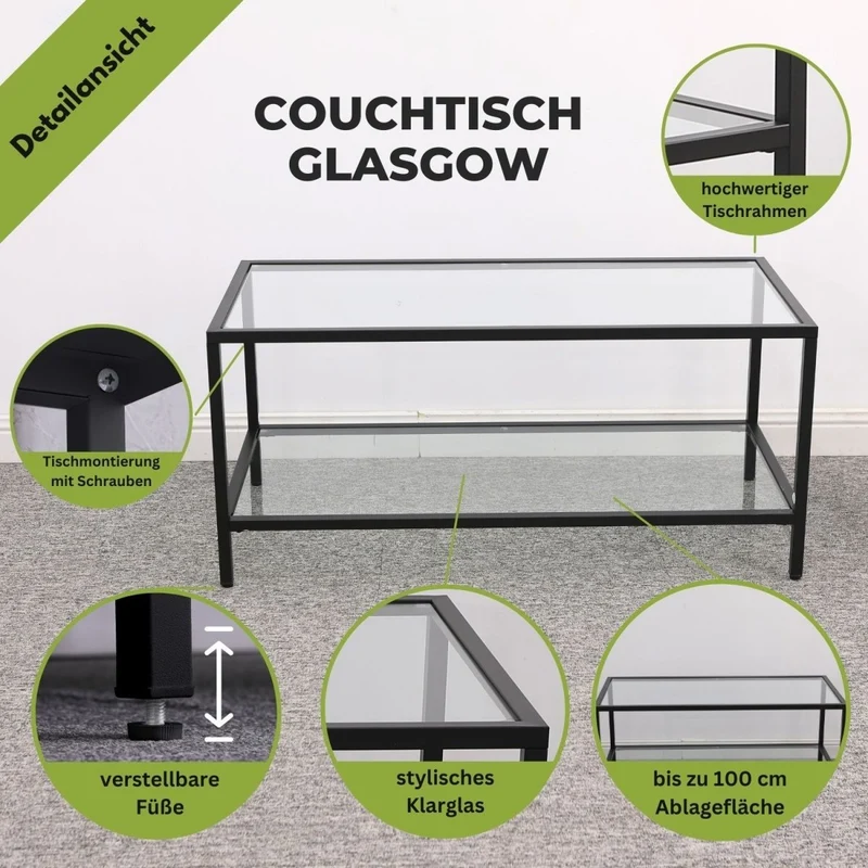 Mein-Regal Couchtisch Glasgow aus Metall mit Glasoberfläche und Ablagefach