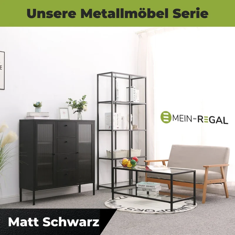 Mein-Regal Couchtisch Glasgow aus Metall mit Glasoberfläche und Ablagefach