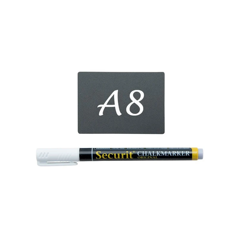 Securit® Kreidetafel TAGs A8 Schwarz, inkl. 1 Securit® Kreidestift, 4 Spikes und 4 transparenten Haltern, 20er Set