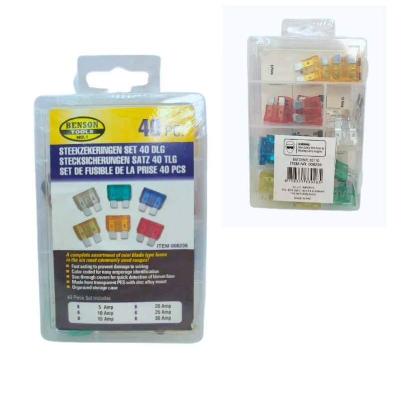 Benson Stecksicherungen Set 40-teilig – KFZ Flachsicherungen Mini Auto Sicherungen 5A–30A mit Box