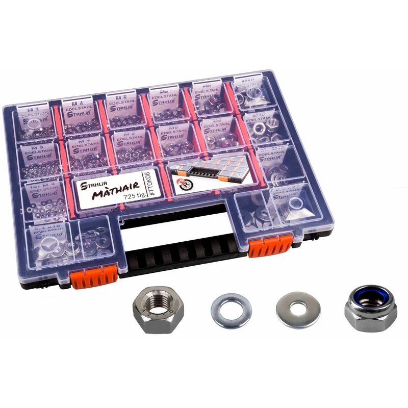 Sortimentskoffer Unterlegscheiben Muttern Set selbstsichernde Muttern Edelstahl M3 M4 M5 M6 M8 M10 (780 Teile) DIN 125|DIN 934|DIN 985
