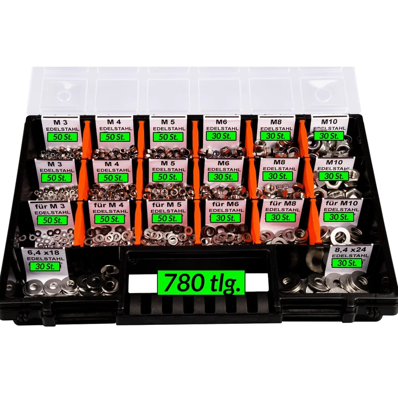 Sortimentskoffer Unterlegscheiben Muttern Set selbstsichernde Muttern Edelstahl M3 M4 M5 M6 M8 M10 (780 Teile) DIN 125|DIN 934|DIN 985