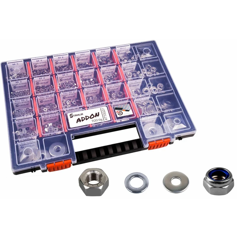 Sortimentskoffer Unterlegscheiben Muttern Set selbstsichernde Muttern Edelstahl M3 M4 M5 M6 M8 M10 (980 Teile) DIN 125|DIN 934|DIN 985