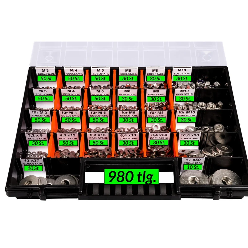 Sortimentskoffer Unterlegscheiben Muttern Set selbstsichernde Muttern Edelstahl M3 M4 M5 M6 M8 M10 (980 Teile) DIN 125|DIN 934|DIN 985
