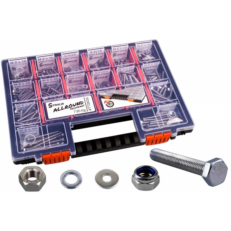 Sortimentskoffer M5 M6 Sechskantschrauben Unterlegscheiben Muttern Set Edelstahl (730 Teile) DIN 933|125|934|985