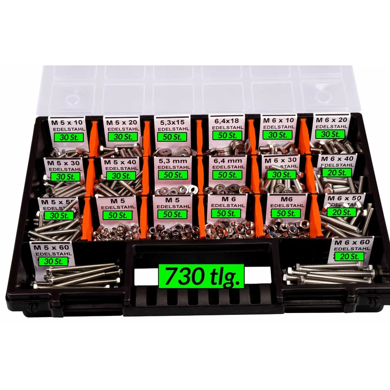 Sortimentskoffer M5 M6 Sechskantschrauben Unterlegscheiben Muttern Set Edelstahl (730 Teile) DIN 933|125|934|985