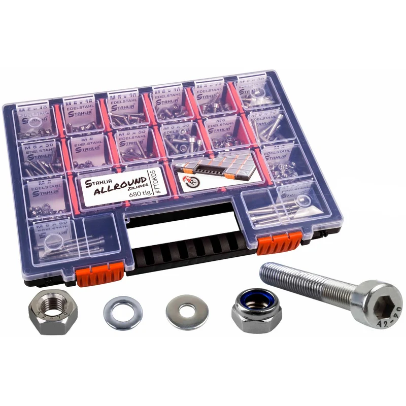 Sortimentskoffer M5 M6 Zylinderkopfschrauben Unterlegscheiben Muttern Set Edelstahl (680 Teile) DIN 912|125|934|985