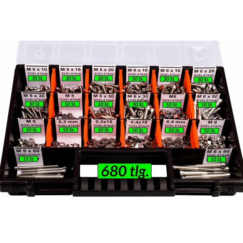 Sortimentskoffer M5 M6 Zylinderkopfschrauben Unterlegscheiben Muttern Set Edelstahl (680 Teile) DIN 912|125|934|985