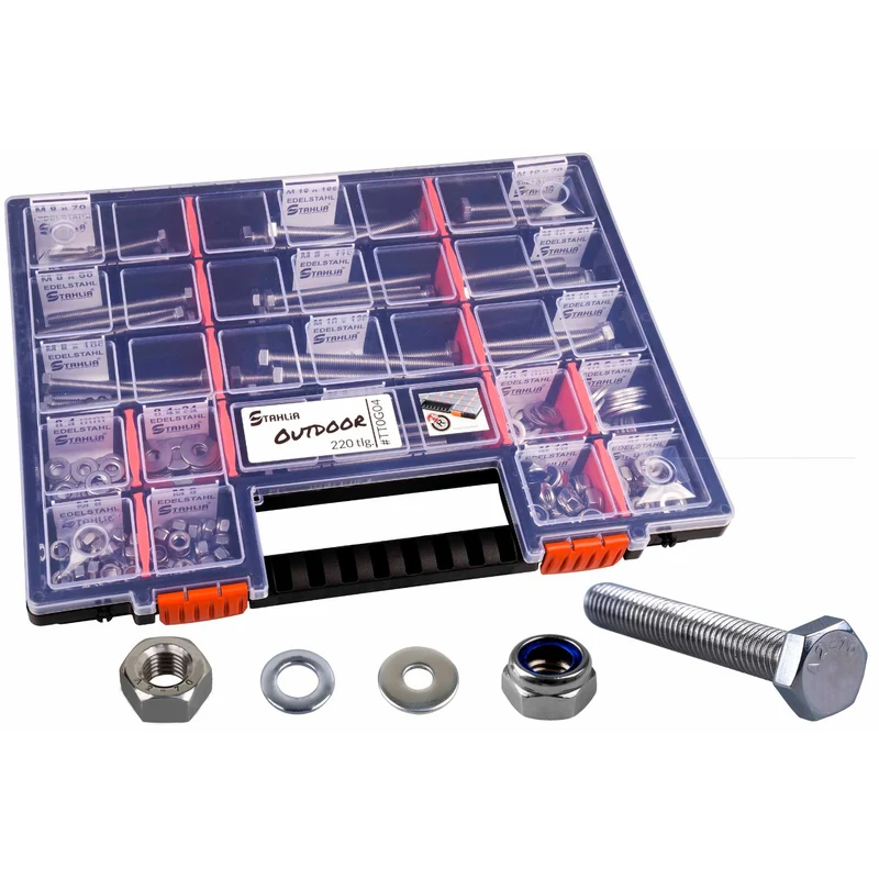 Sortimentskoffer M8 M10 Sechskantschrauben Unterlegscheiben Muttern Set Edelstahl (220 Teile) DIN 933|125|934|985