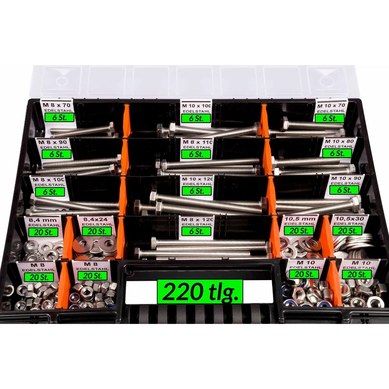 Sortimentskoffer M8 M10 Sechskantschrauben Unterlegscheiben Muttern Set Edelstahl (220 Teile) DIN 933|125|934|985