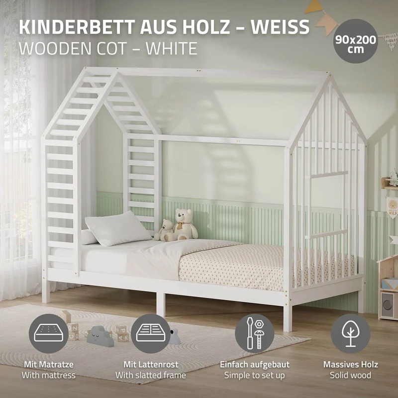 ML-DESIGN | Kinderbett mit Matratze und Lattenrost & Dach aus massivem Kiefernholz 90x200 cm Weiß Hausbett Montessori Bettgestell für Mädchen Jungen
