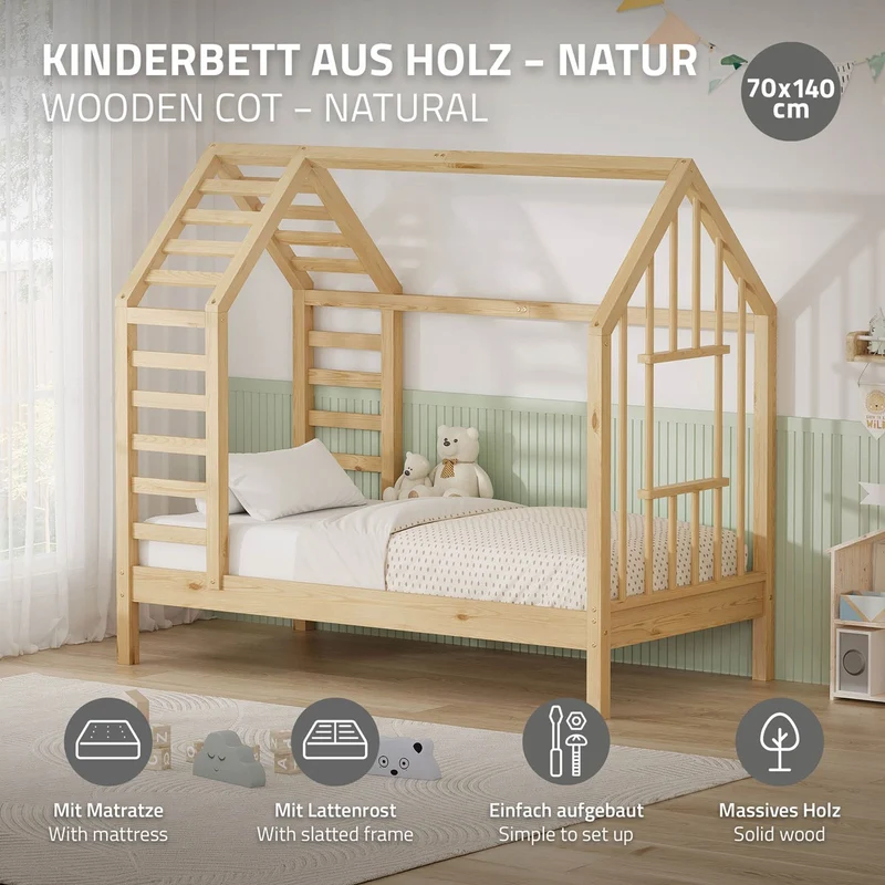 ML-DESIGN | Kinderbett mit Matratze und Lattenrost & Dach aus massivem Kiefernholz 70x140 cm Natur Hausbett Montessori Bettgestell für Mädchen Jungen