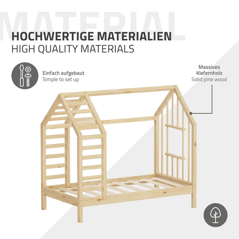 ML-DESIGN | Kinderbett mit Matratze und Lattenrost & Dach aus massivem Kiefernholz 70x140 cm Natur Hausbett Montessori Bettgestell für Mädchen Jungen